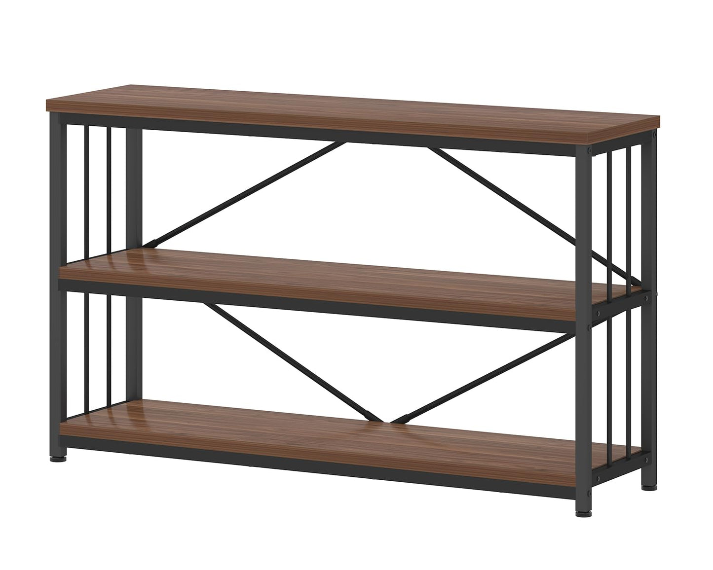 IBF 3-tier Industrial Bookshelf, Wood and Metal Horizontal Shelves Rustic Low Wide Bookcase with Large Open Storage, Farmhouse Simple Display Shelf for Home Office Living Room Kitchen, Walnut, 47 Inch