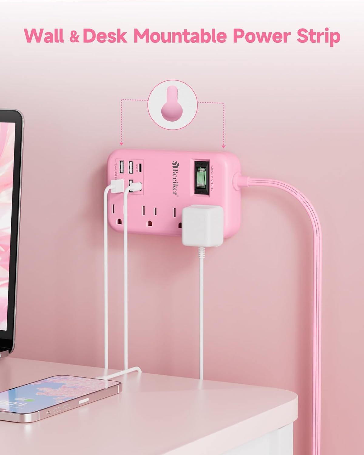 Beeiker 6 USB(2 5Ft 24W 4 USB C) Pink Extension Cord- Travel Power Strip with USB Charging Station and Outlets, Pink