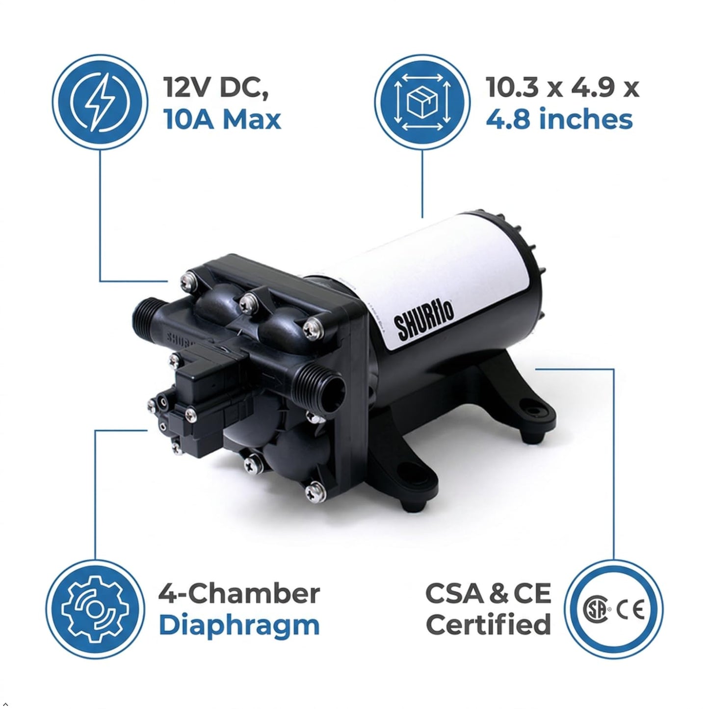 SHURFLO 4048-153-E75 High Flow RV Fresh Water Pump, 12V Demand Diaphragm Pump, 4.0 GPM, 55 PSI, Self Priming, Run Dry Capability, Thermal Protection, Includes Strainer and Hose Fittings
