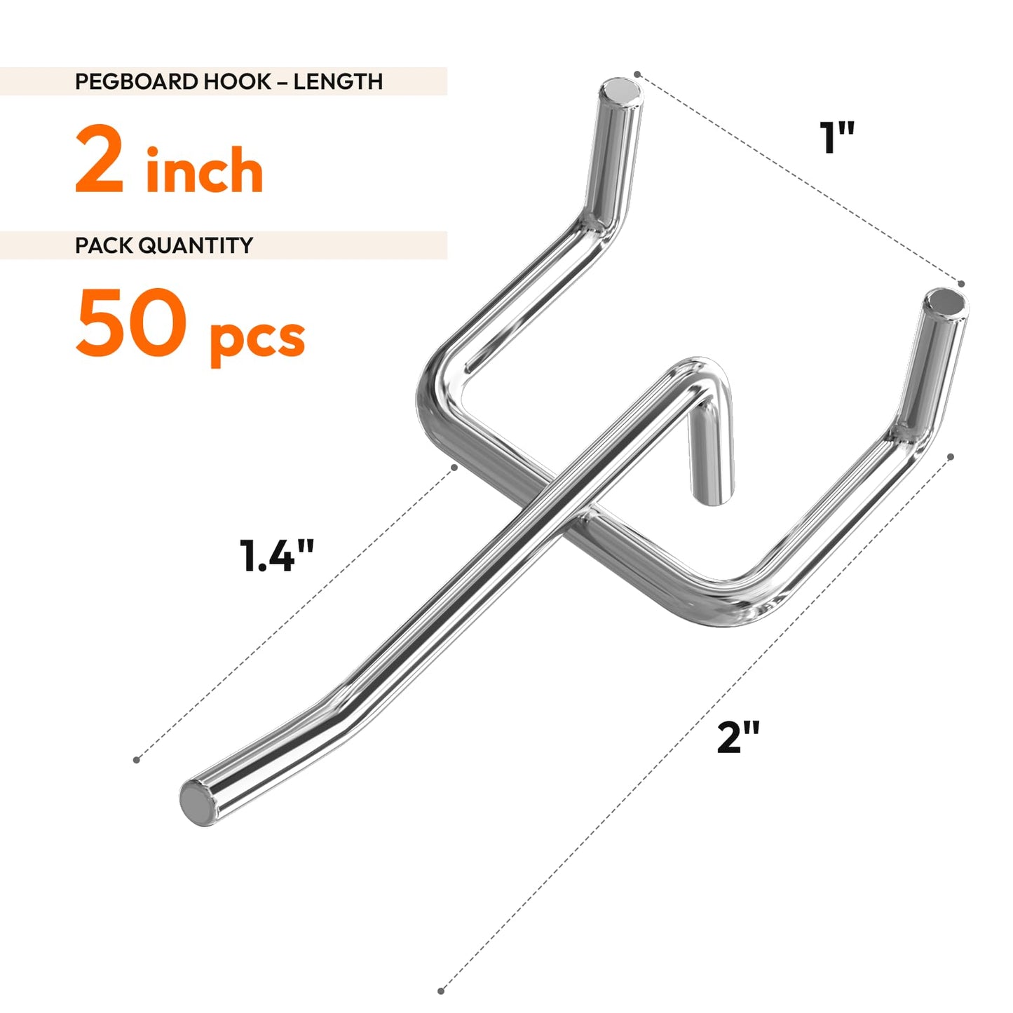 JEAWIWI 50 Pack 2 Inch Metal Pegboard Hooks, Fit 1/4 in and 1/8 in Peg Board Organizer Accessories, for Hanging Storage, Garages, Tool Sheds, Basements