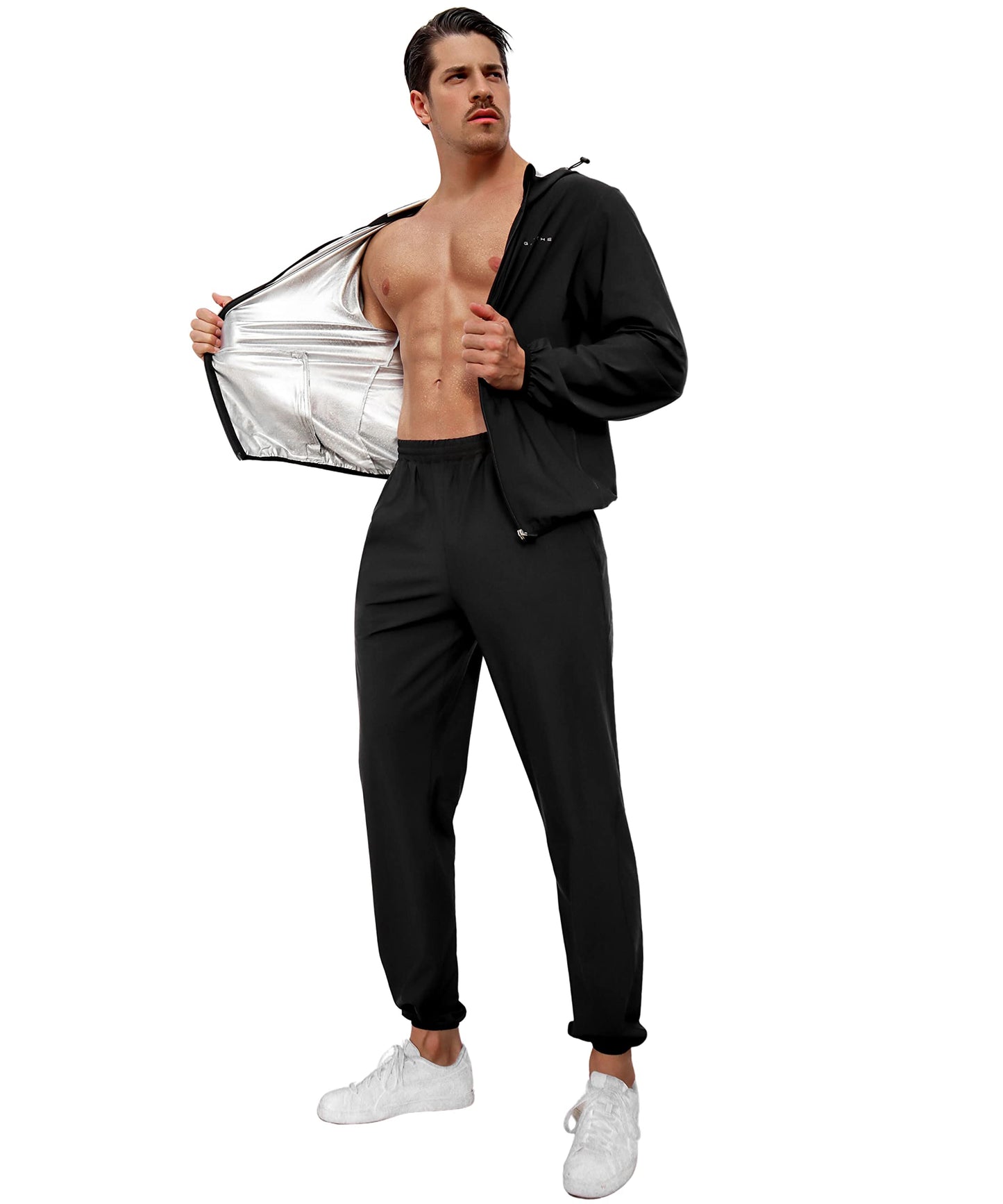 GALCHE Men's Sauna Suit 2-Piece Performance Jacket and Pants Set for Weight Loss Workout Boxing (Black, XX-Large)