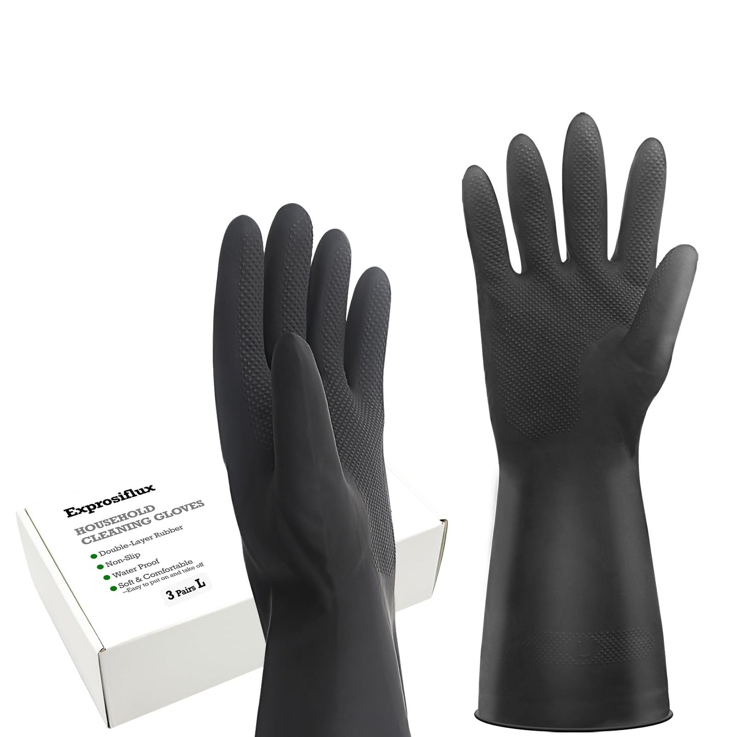Exprosiflux Thick Rubber Cleaning Gloves - 3 Pairs Black Rubber Gloves for Dishwashing Large, Non-Slip Kitchen Gloves for Washing Dishes, Reusable Cleaning Gloves, Waterproof, Heavy-Duty (3P,L)