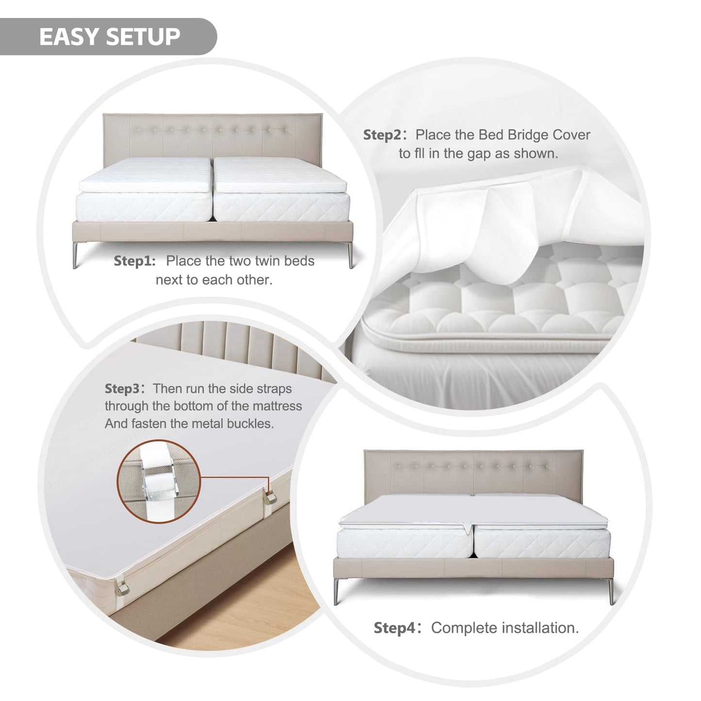Nqdrax 3-in-1 Bed Bridge Twin to King with Fitted Sheet|Split King Gap Filler for Adjustable Bed| 78"x 75"|White (Patent Licensing)