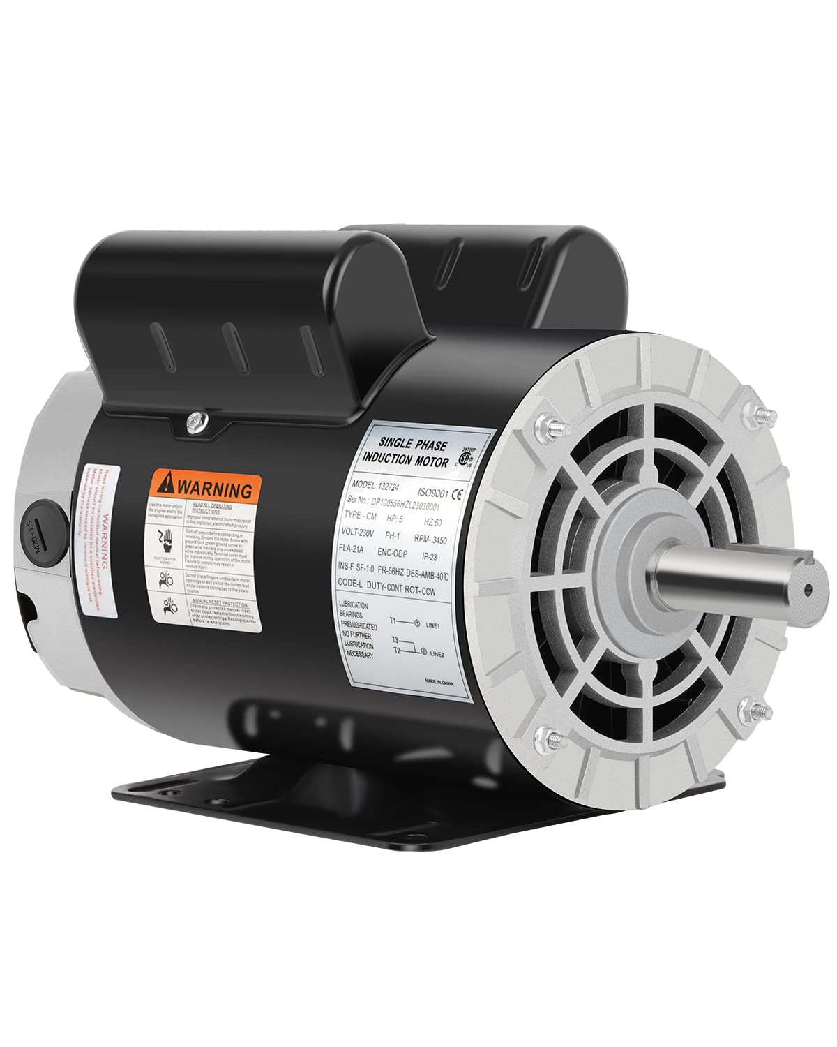 5 HP Air Compressor Motor, 3450 RPM Electric Motor, 230V Single Phase Motor, 56HZ Frame 7/8"Keyed Shaft 60 Hz, Commercial-Duty CCW Rotation, 2.25" Shaft Length for Air Compressors
