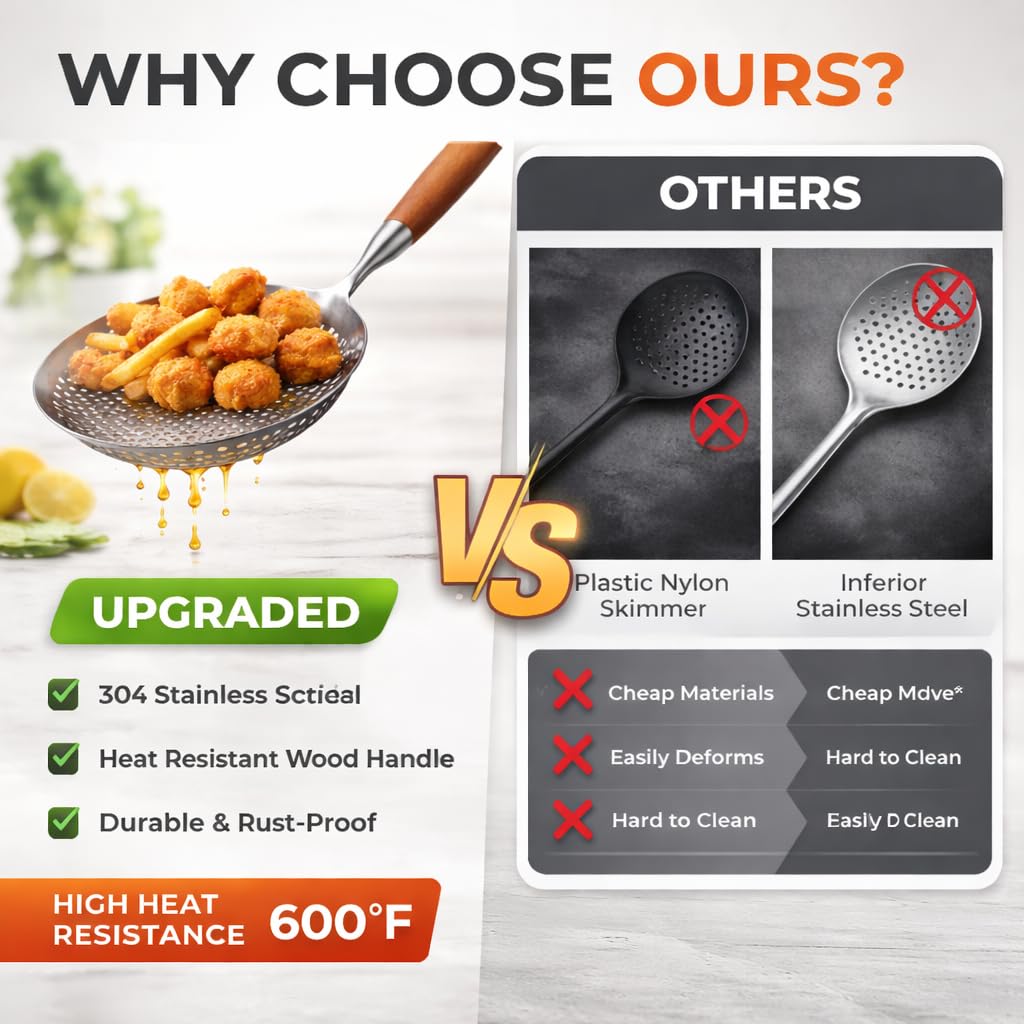 Stainless Steel Skimmer Spoon, Slotted Ladle Spider Strainer for Frying, Pasta and Cooking, Durable Kitchen Tool for Draining Oil and Water