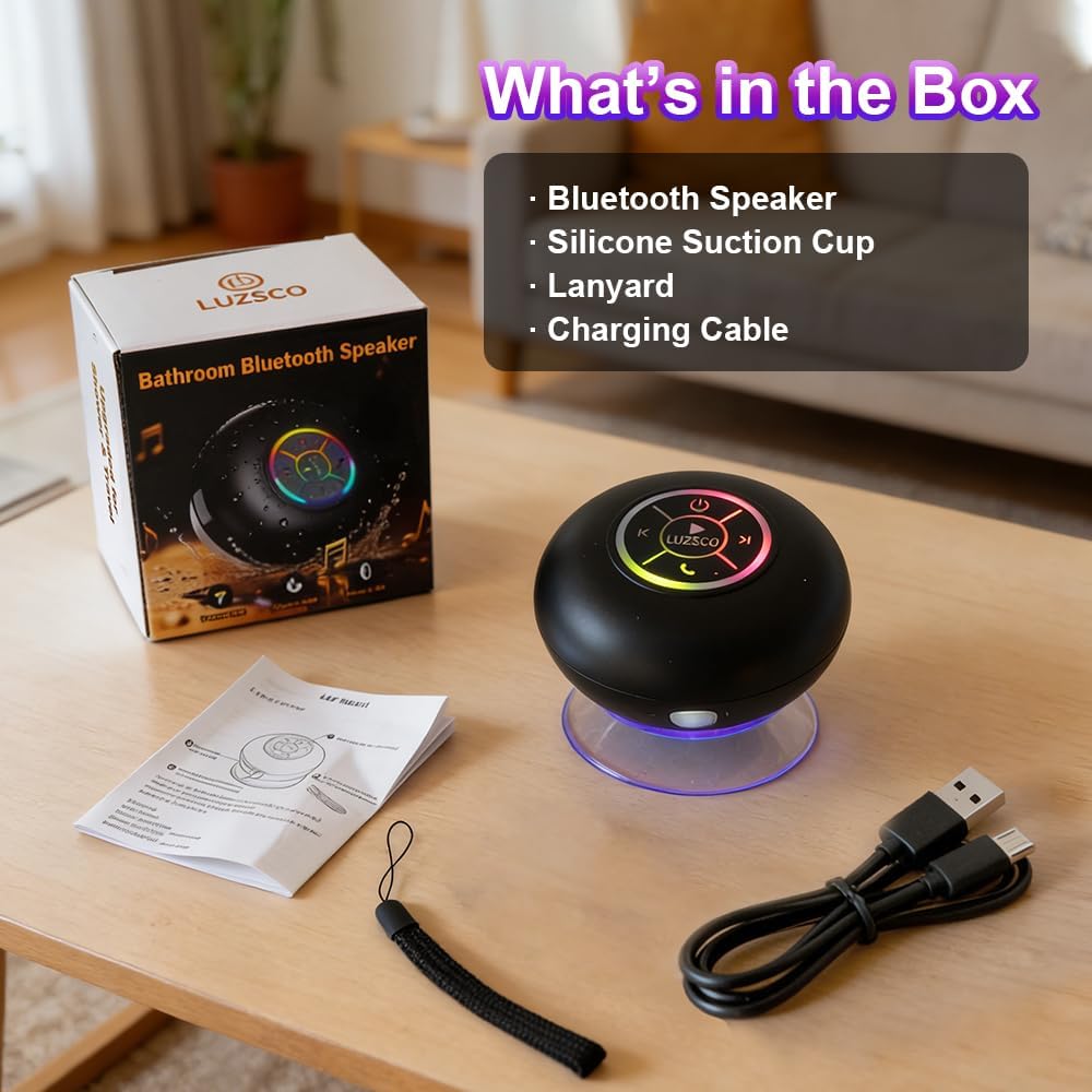 Luzsco IPX4 Bluetooth Shower Speaker with LED Portable Wireless Mini Speaker with Mic & Suction Cup, Water Resistant