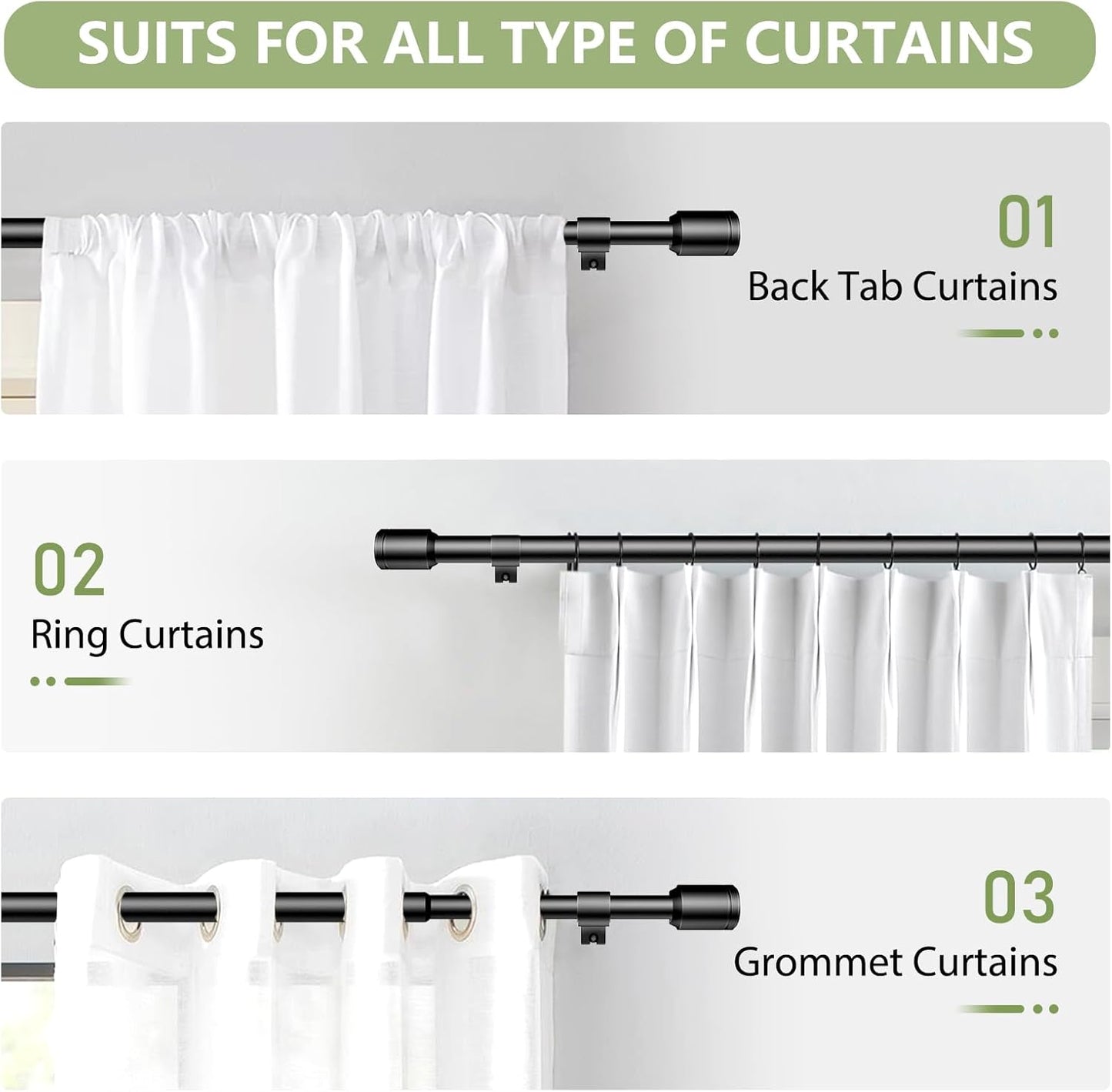 Regine Switzerland Adjustable Black Curtain Rods - 30-60 Inch for 30-54 Inch Windows | 2 Pack