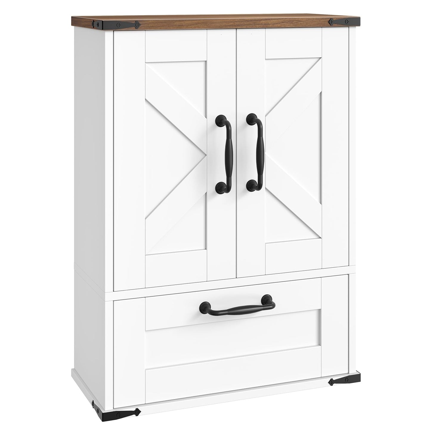 HOOBRO Farmhouse Wall Mounted Cabinet with Adjustable Shelf, Medicine Cabinet with Flip-Down Door, Over The Toilet Bathroom Organizer, for Small Bathroom, Kitchen, White and Walnut