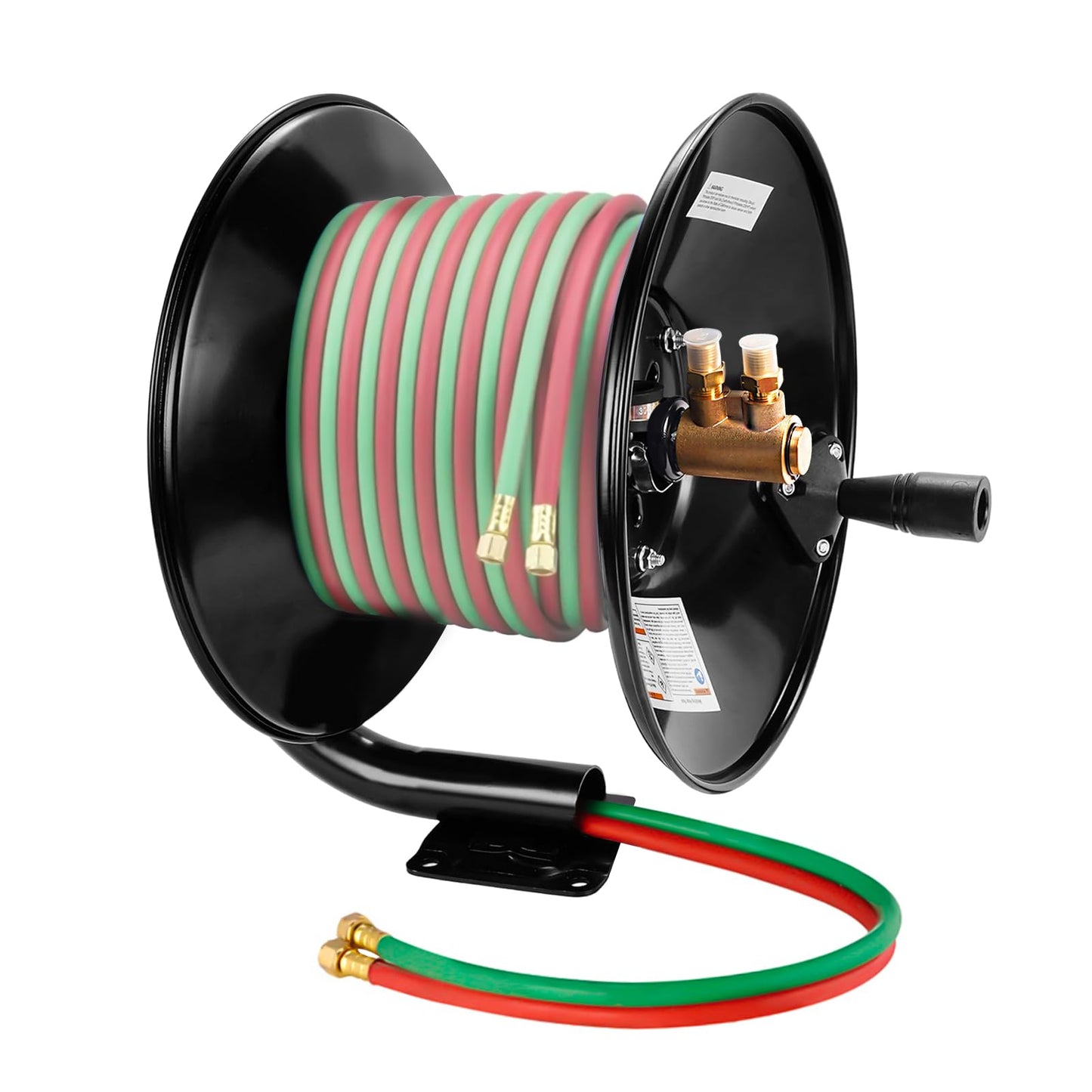 Manual Twin Welding Hose Reel, Holds 100 ft of 3/8" or 1/4" Gas Hose, Heavy-Duty Steel Construction with Universal Mounting Bracket for Wall, Ceiling or Cart
