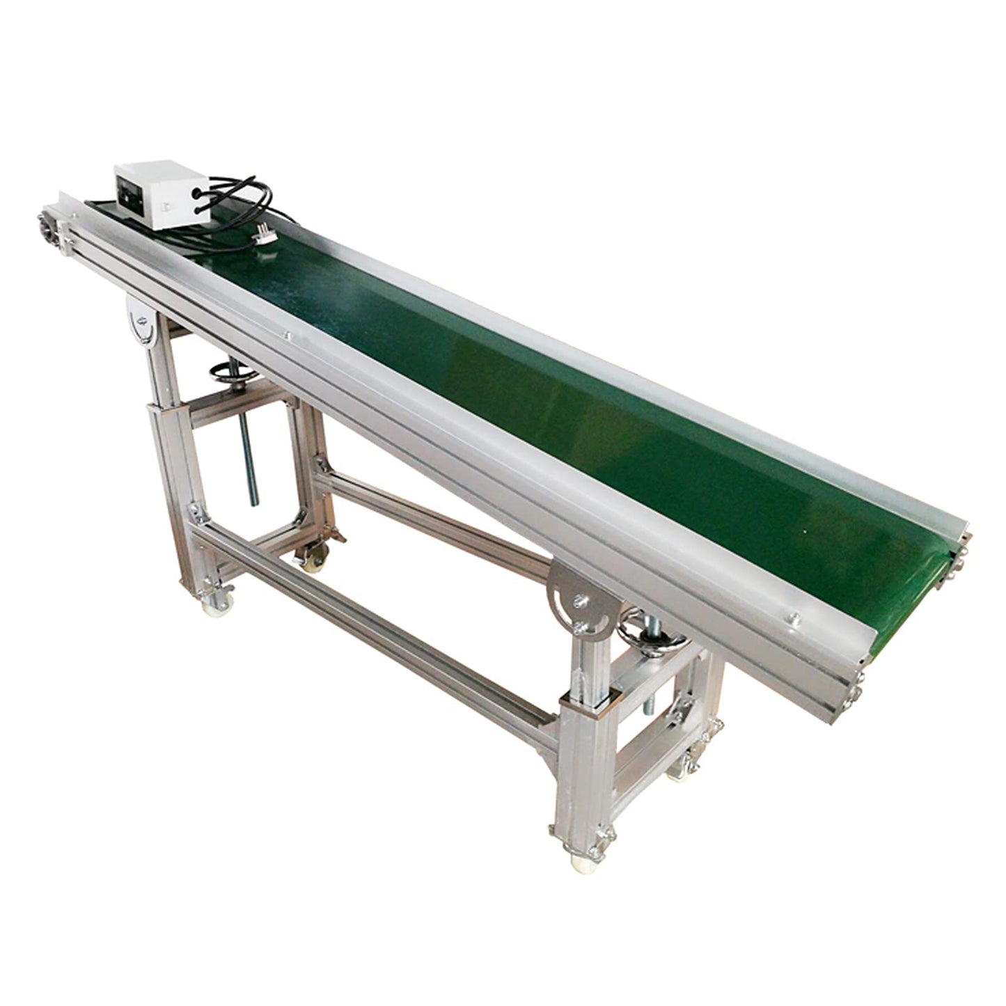 BREVELTION 59inch 110V PVC Inclined Wall Conveyor Belt Double Baffle Green PVC Belt Height Adjustable 11.8inch Wide 120W
