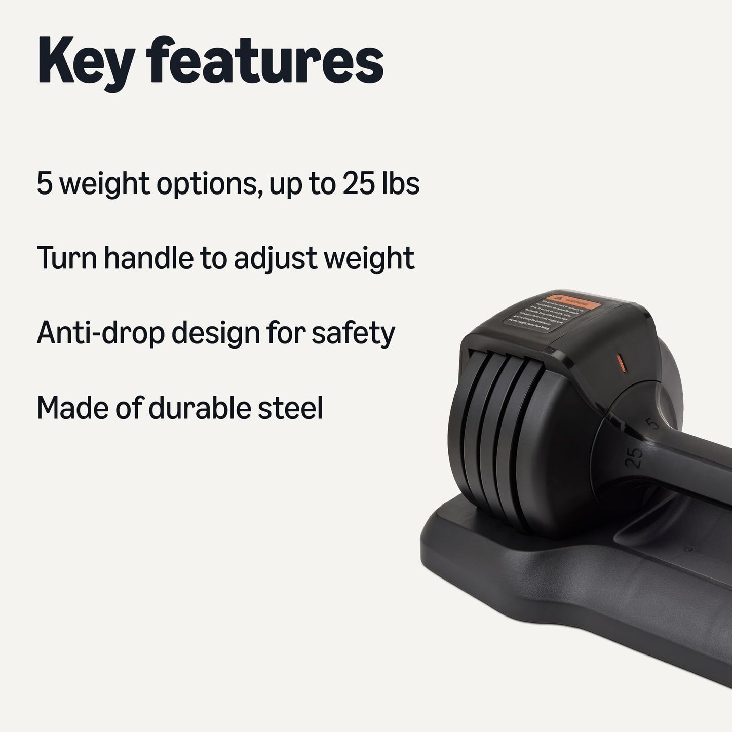 Amazon Basics Adjustable Dumbbell with 5 Weight Options, 25 lb, Single Dumbbell, Black