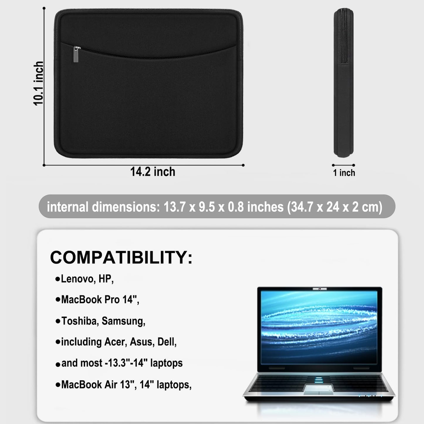 ampoock 14 inch, 14" Laptop Sleeve Case Shockproof Protective Laptop Cover Briefcase Carrying Computer Bag