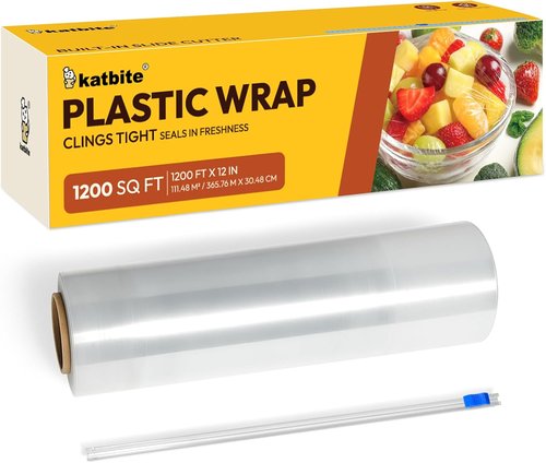 Katbite Plastic Wrap - Durable 12" x 1200' Clear Food Service Film with Removable Slide Cutter