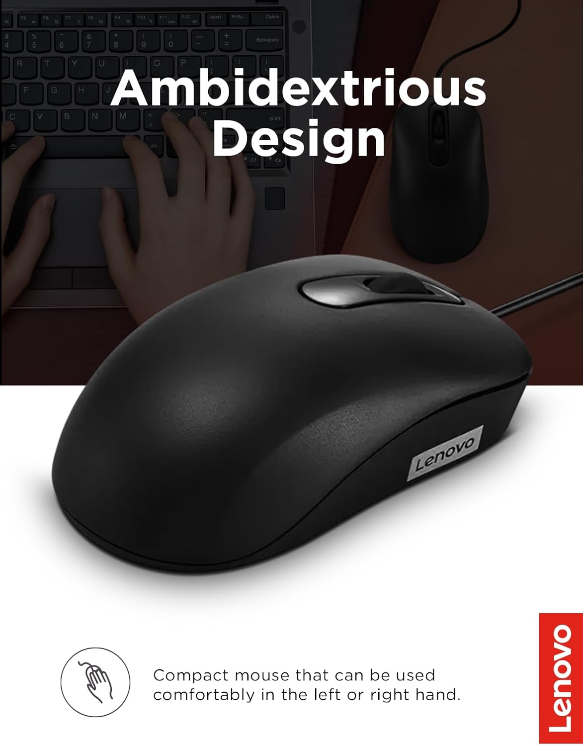 Lenovo 100 3 Wired USB Computer Mouse for PC, Laptop, Computer with Windows - Full-Size - Ambidextrous Design - Buttons