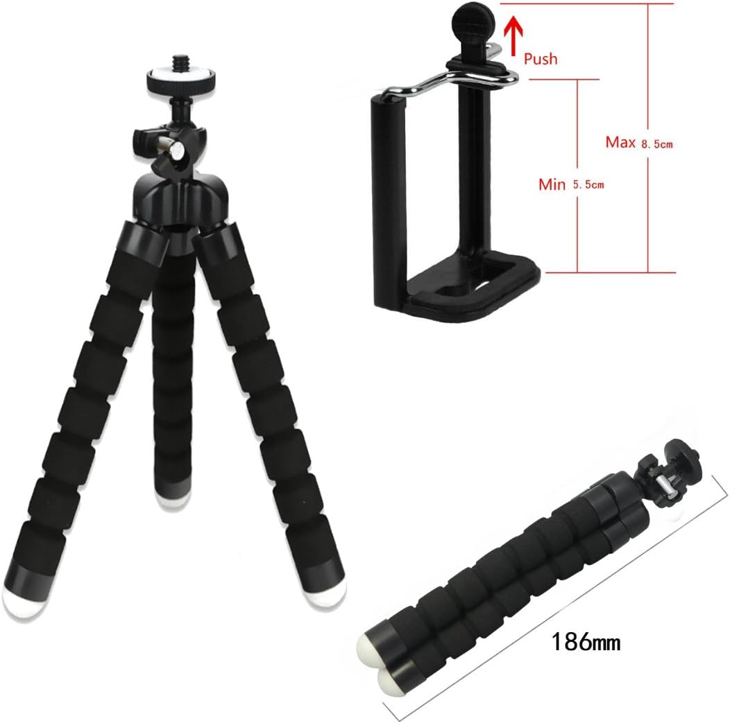AKOAK 1/4 6 Inch,Black Mini Camera Tripod, Portable and Flexible Tripod with Cell Phone Holder Clip, Standard Screw