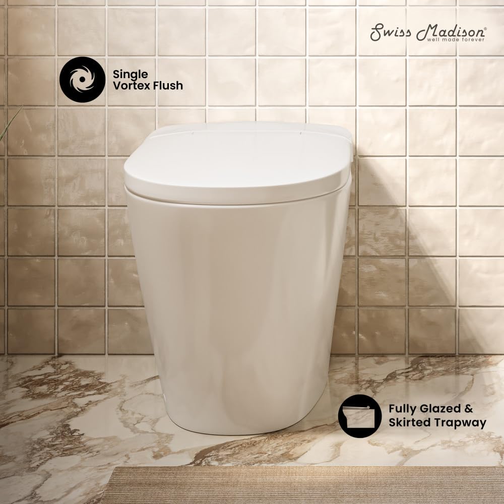 Swiss Madison Hugo H Power Flush Tankless Toilet 10" Rough-in 1 GPF Non-Electric ADA Toilet with Integrated Tank in Glossy White