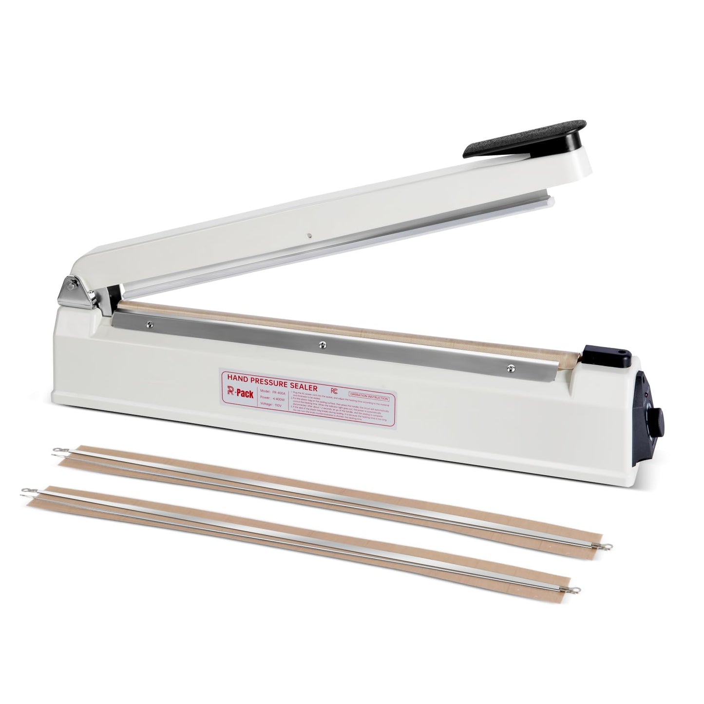 R-PACK Impulse Heat Sealer with Seal bar, Heavy-Duty Bag Sealing & Cutting Machine, 2 Extra Replacements (white, 16inch)