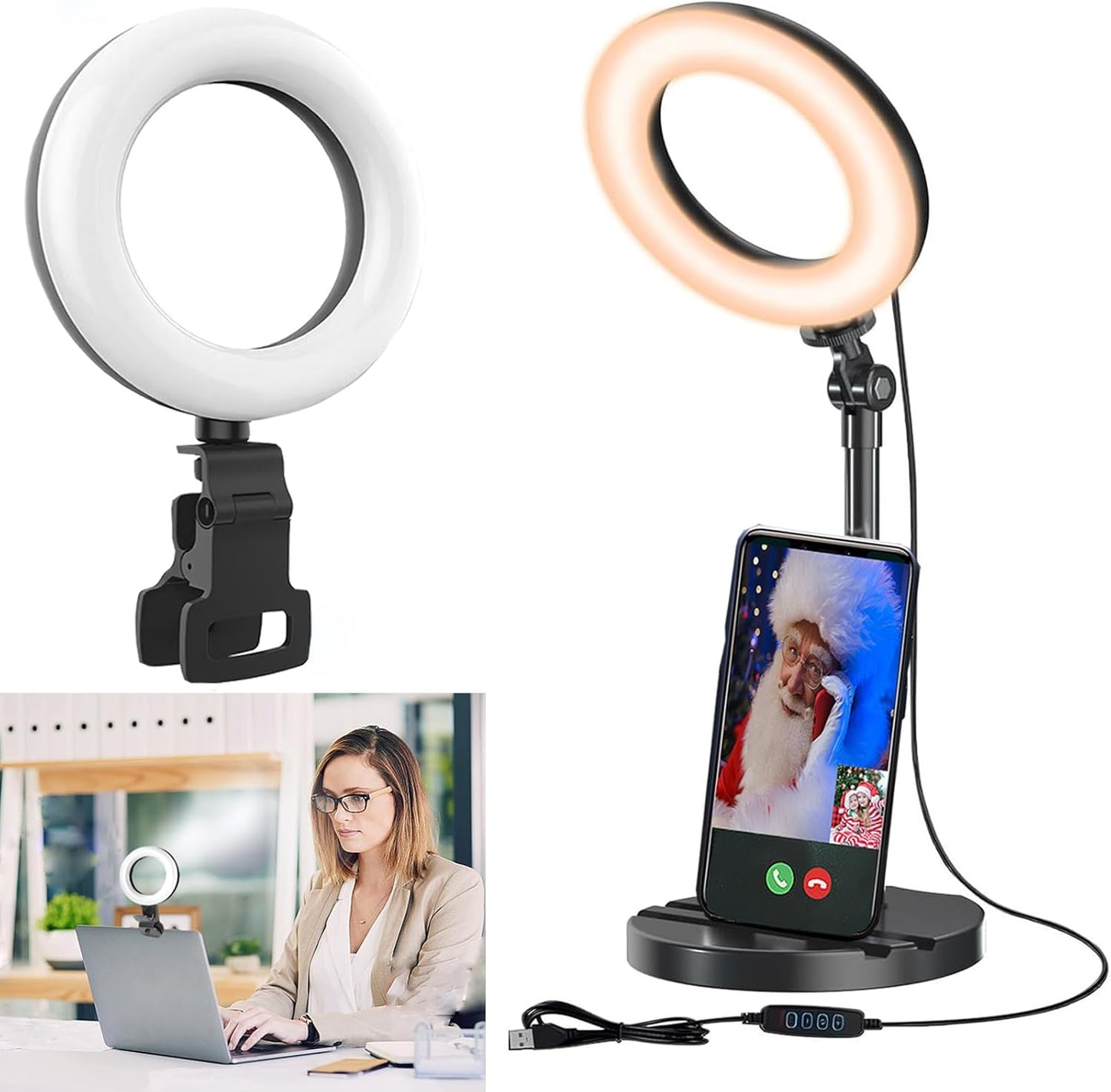 Amcuke 10W 3000K-6500K Ring Light with Stand, Desk Ring Light with Clip Upgraded Travel Desktop Light for Phone Selfie