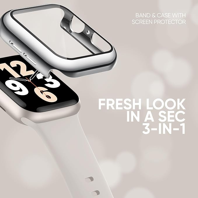 Compatible for Apple Watch Band 40mm 41mm and Case with Screen Protector, Soft Silicone Sport Strap Bands and Protective Cover with Tempered Glass for iWatch Series 9 8 7 SE 6 5 4