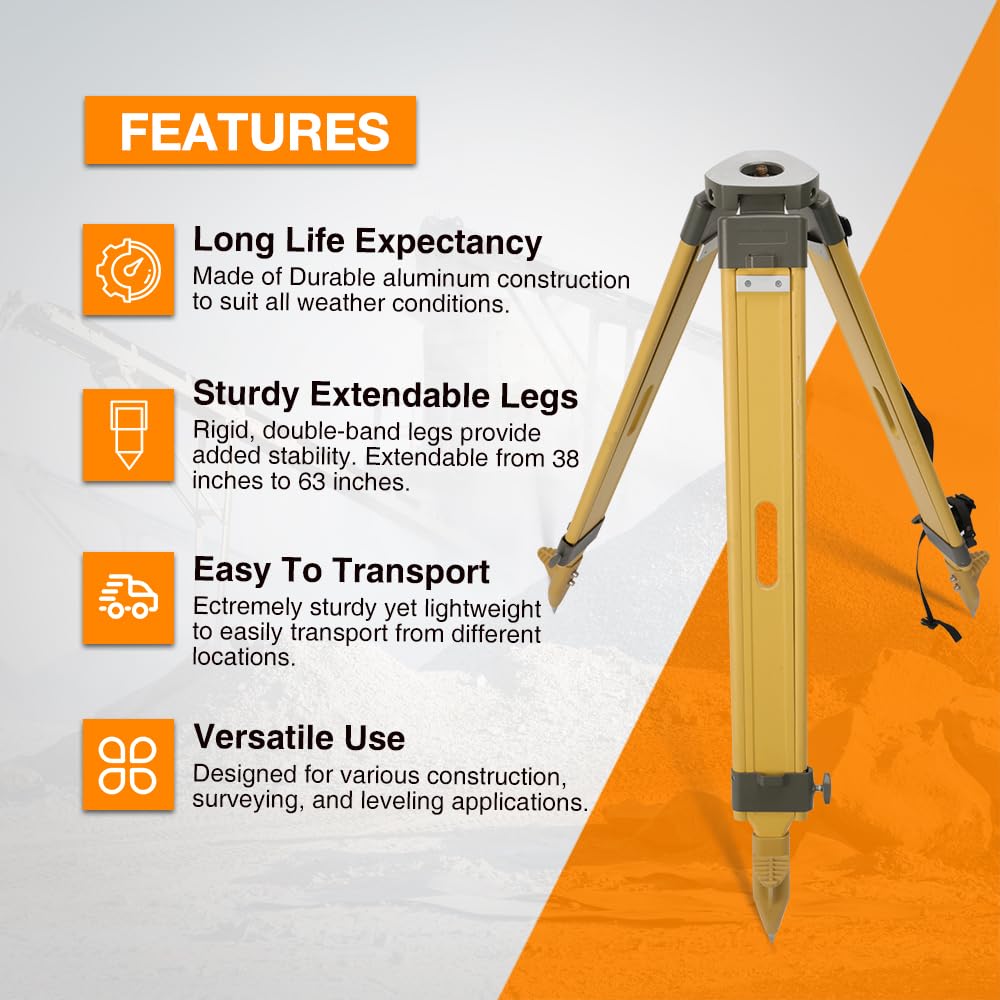 Fiberglass Surveying Tripod, Heavy Duty Yellow Fiberglass and Wood Tripod with Twist Clamp and Copper Center Screw for Robotic Total Stations and Theodolite (Flat Head-C)