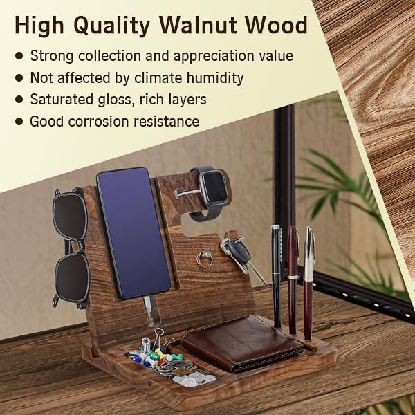 awofer Gifts for Men - Ebony Wood Phone Docking Station - Nightstand with Key Holder, Wallet Stand and Watch Organizer
