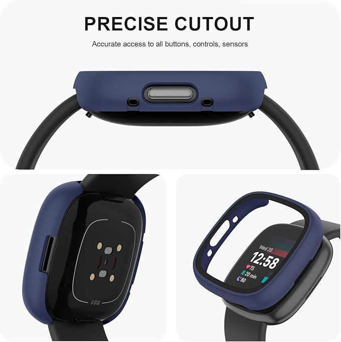 Vancle Case for Fitbit Versa 4 / Fitbit Sense 2, 4-Pack Screen Protector Tempered Glass Full Around Hard PC Case with Sensitive Touch Film Protective for Fitbit Sense 2 / Versa 4(Black + Transparent + Navy Blue + Silver)