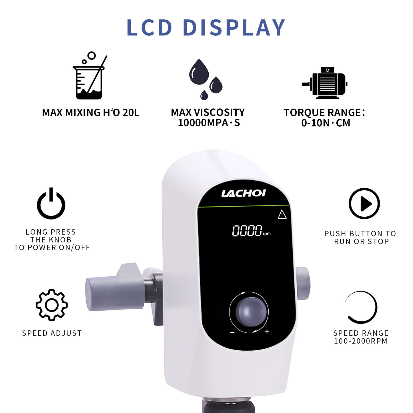 LACHOI Electric Overhead Stirrer Mixer 100-2000RPM Max.20L(H₂O) LCD Display Digital Overhead Stirrer Mixer 10000mPas Powerful Lab Stirrers Mixer with Stirring Rod and Stand(Max.20L H₂O)