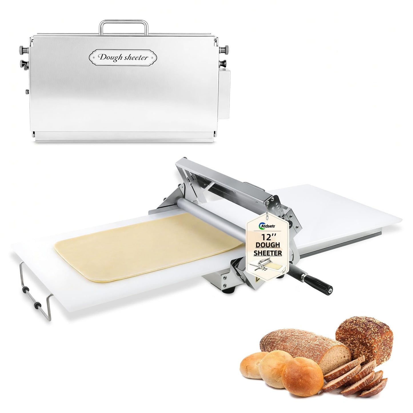 Folding Dough Sheeter (12")，Folding Dough Rolling Machine，Manual Dough Sheeter，Dough Sheeter Machine For Home，Stainless Steel Dough Machine With 55 Adjustable Thicknesses,(1 Scrolling Panel)
