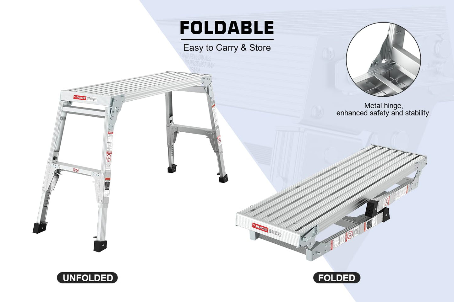 Aluminum Work Platform Height Adjustable Folding Portable Work Bench, Step Ladder Car Wash Step Stool, Telescopic Feet 22" -27.5" Height for Painting, Washing, Suitable for Home, Garage