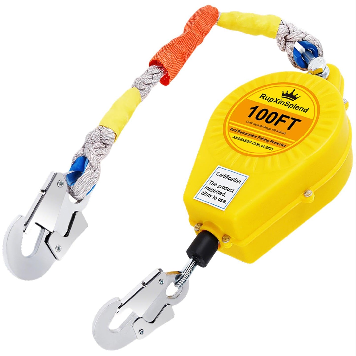 RupXinSplend Fall Arrester Protector Self Retractable 100FT Fall Protection Gear Double Locking, Dual PPE+Alloy Steel housing Heavy Duty Lifeline Safety Lanyard Rope Cable Wire Roofing Construction