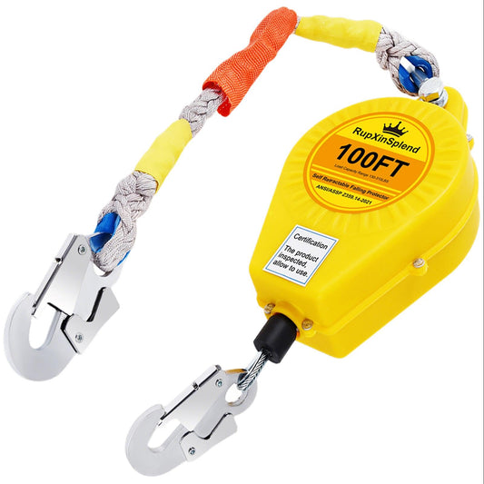 RupXinSplend Fall Arrester Protector Self Retractable 100FT Fall Protection Gear Double Locking, Dual PPE+Alloy Steel housing Heavy Duty Lifeline Safety Lanyard Rope Cable Wire Roofing Construction