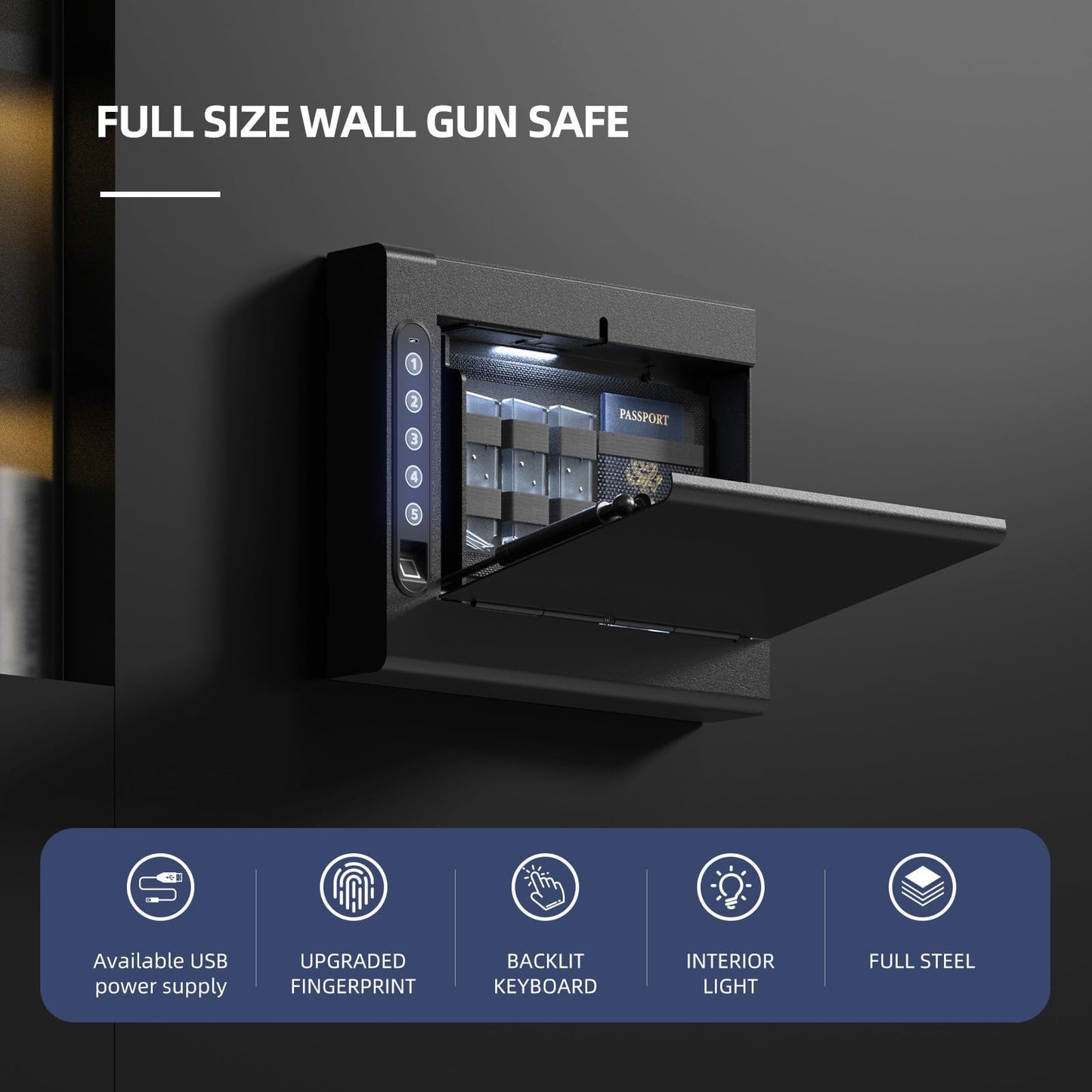 XDeer Biometric Wall Safe without Gas Strut for Quick Access, Hidden Storage for Full-Size, LED Light, Silent Mode, and Backlit Digital Keypad S008QG (S008) (With Gas)