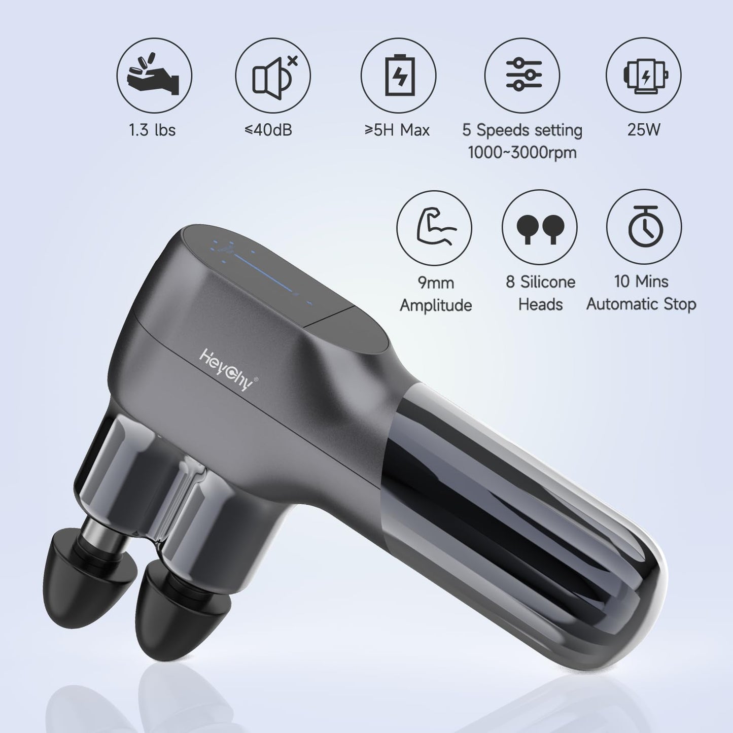 HEYCHY Mini Massage Gun - Deep Tissue Percussion Massager with Dual Heads, 5 Speed Levels & 4 Attachments, Portable Handheld Muscle Recovery Gun for Athletes, Travel & Pain Relief