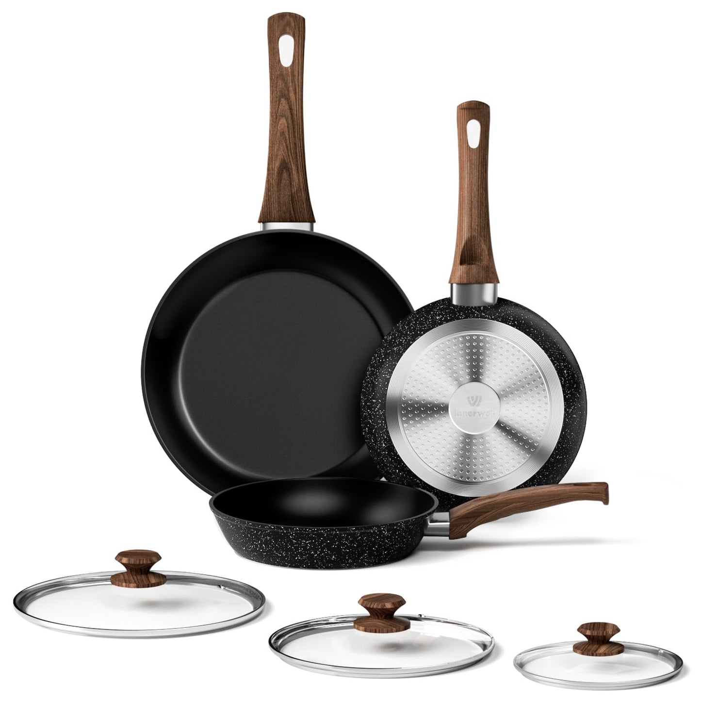 Frying Pan Set - 3 Pcs Nonstick Skillets With Lids, PFOA Free, Induction Compatible, Black