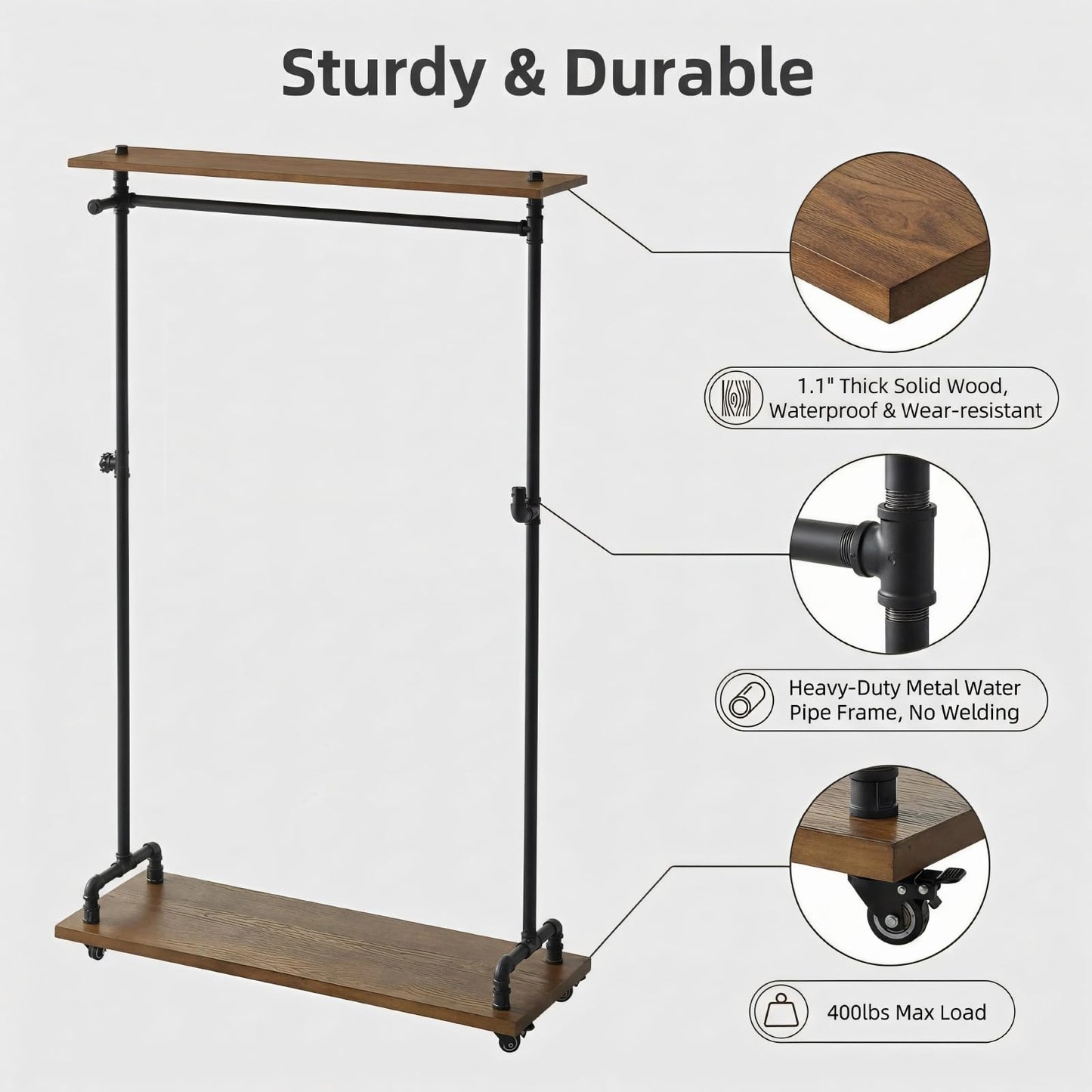 DOFURNILIM Industrial Pipe Clothing Racks, Rolling Garment Racks, Hall Tree on Lockable Wheels with Shelves and Shoes Storage, Heavy Duty Clothes Rack (Free Standing)