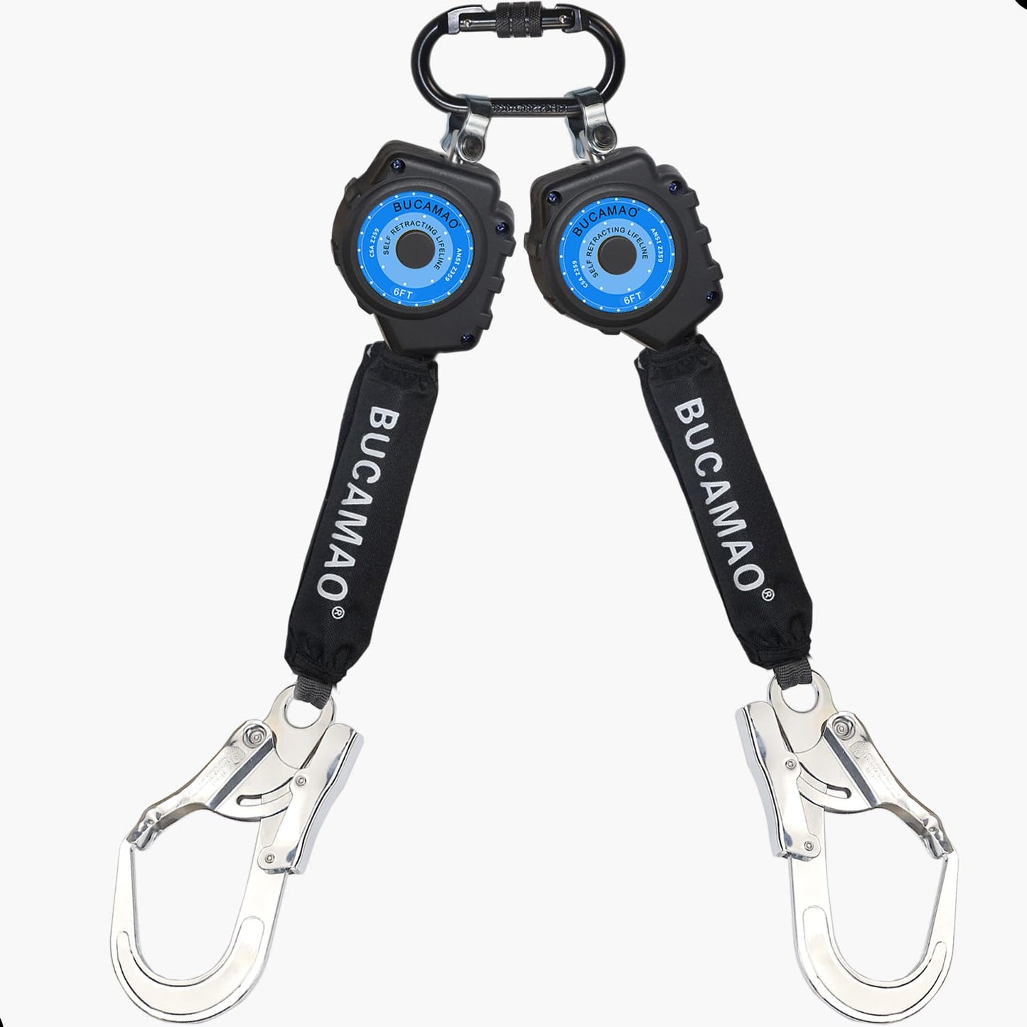 BUCAMAO Swivel Top Self-Retracting Lifeline, Twin-Leg 6FT Web SRL, Retractable Safety Lanyard, Fall Protection PPE Gear, ANSI OSHA Compliant (Rebar Hook)