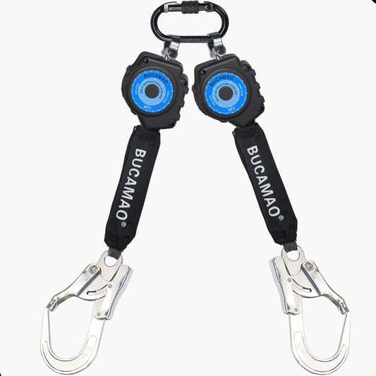 BUCAMAO Swivel Top Self-Retracting Lifeline, Twin-Leg 6FT Web SRL, Retractable Safety Lanyard, Fall Protection PPE Gear, ANSI OSHA Compliant (Rebar Hook)