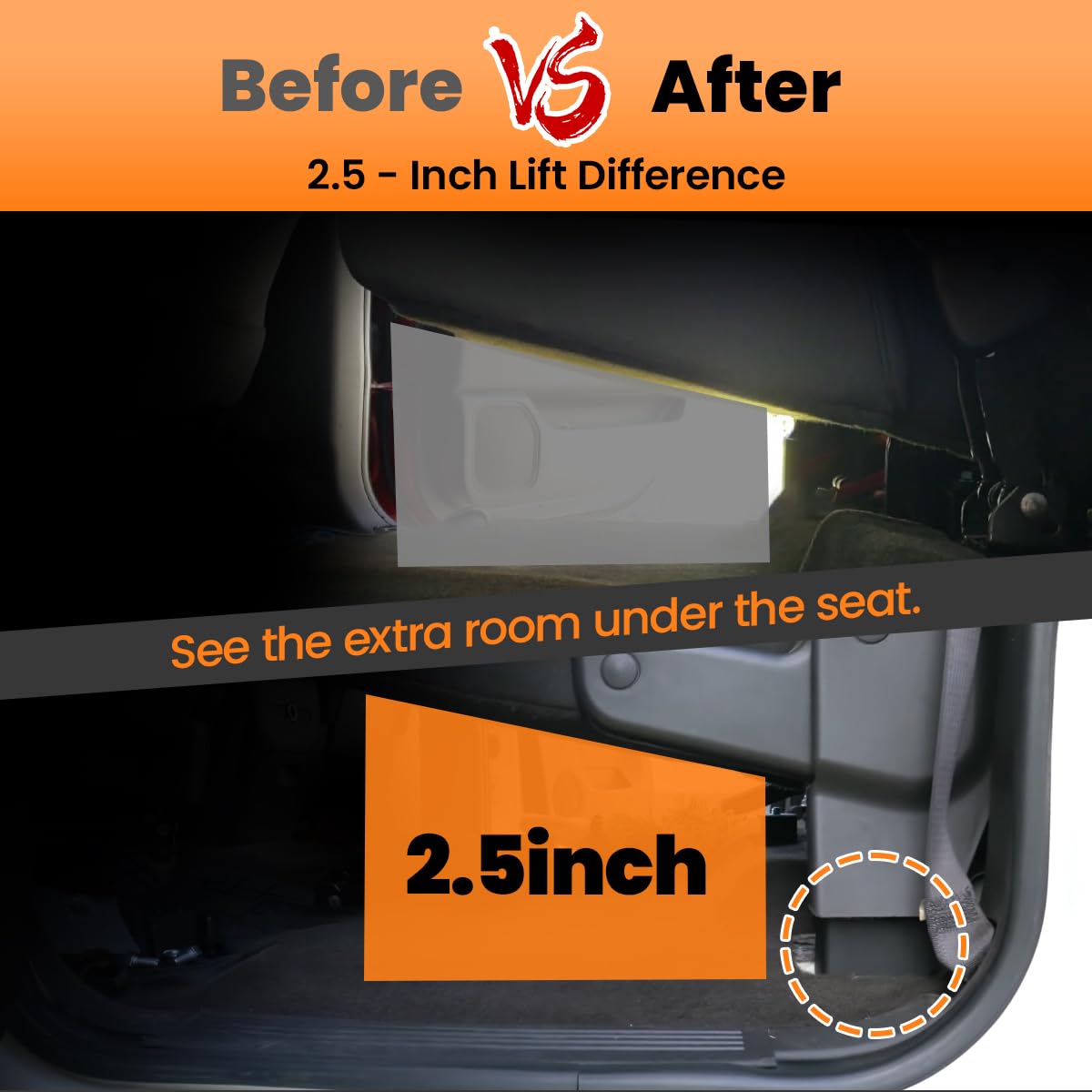 For 2014-2018 Chevy Silverado GMC Sierra Crew Cab Rear Seat Lift Kit, 2.5 Inch Height Increase, Black Steel Brackets for Added Storage & Audio System Space