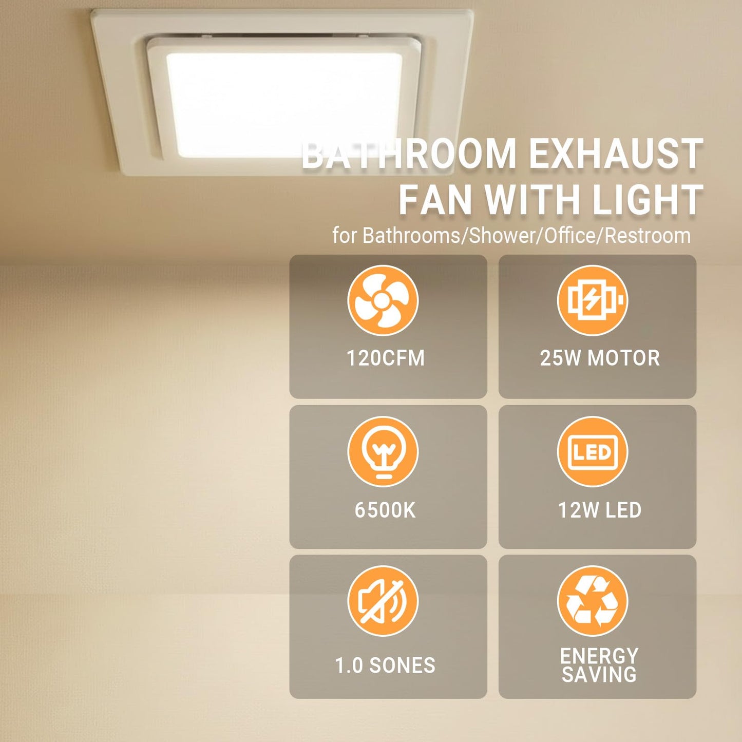 RLOZUI Bathroom Exhaust Fan with Light, 120 CFM Quiet Ventilation Fan with 6500K 1200LM LED Light, 1.0 Sones, 4" Duct, Mounting Opening 8.3"x8.3", Ceiling Mount Vent Fan for Bathroom Office Home