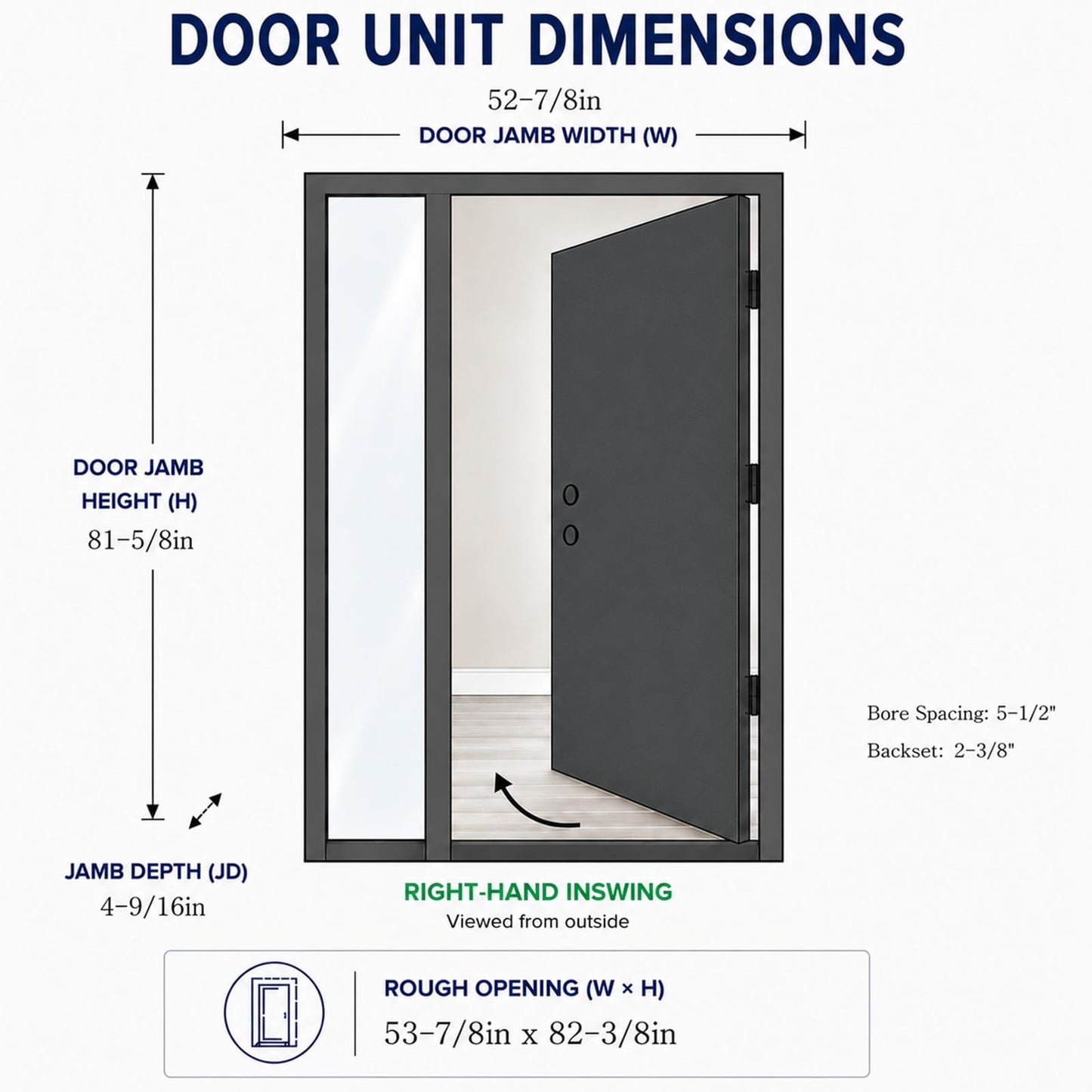 53x80in Fiberglass Front Door with 14in Sidelight, Black Exterior Entry Door for House, Right-Hand Inswing, Textured Finished with Hammered Glass Knock-Down Door, Vinyl Frame and Brickmould Included