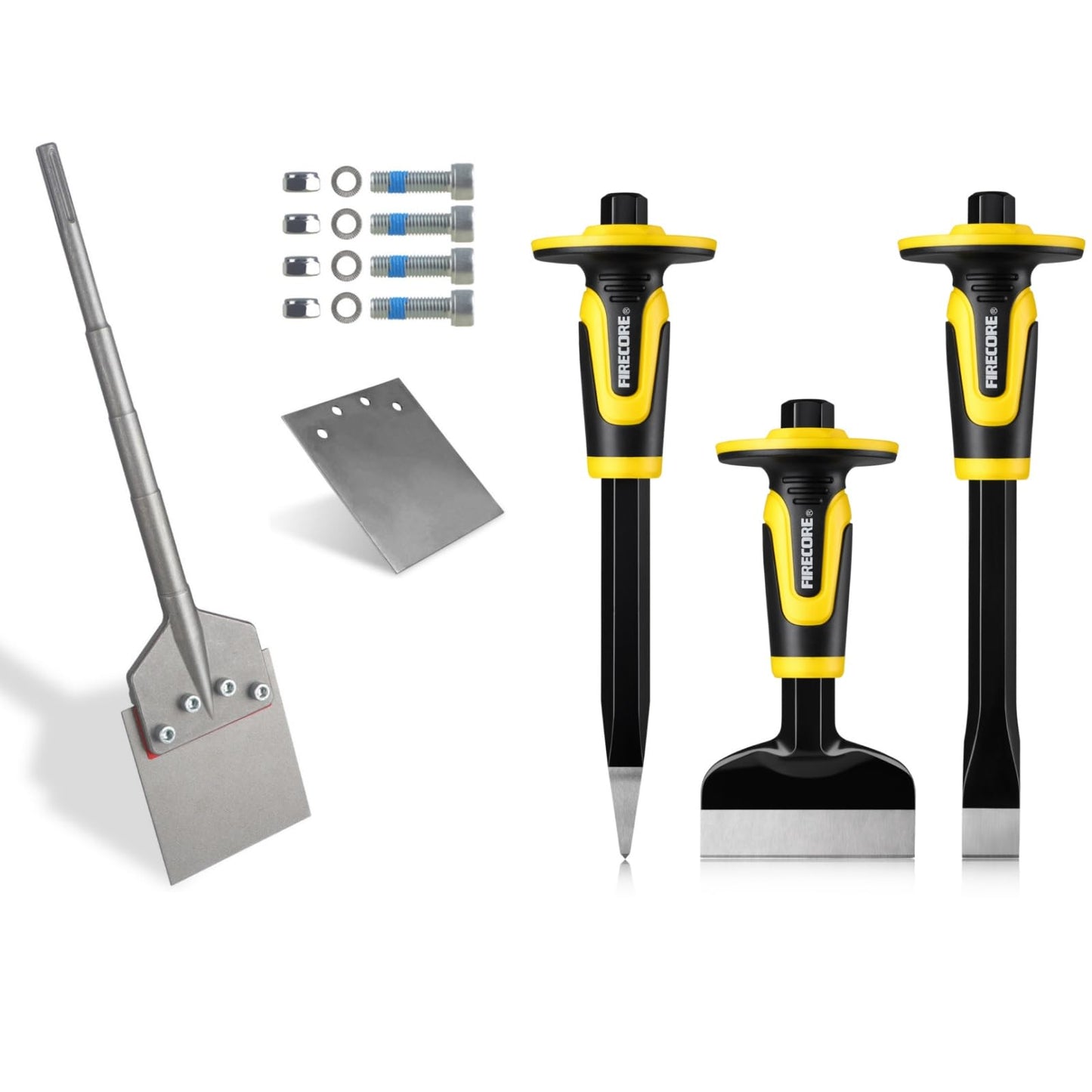 SDS Max Floor Scraper with Replaceable Blade, Firecore 6 Inch Thinset Removal Chisel Bits, Rock Chisel Set 3PCS Masonry Chisel with Hand Guard Point Flat Cold Chisel for Concrete Stone Brick Tile