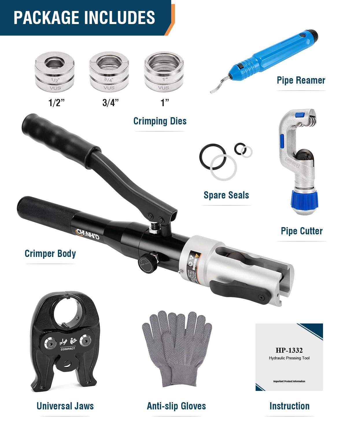 CHANHYD Hydraulic Copper pipe Crimping tool with 1/2 inch,3/4 inch and 1 inch Jaw Copper Pipe Propress Crimpers Pressing Pliers,Copper Tube Fittings pipe Crimpers for Narrow Space and Tee Fittings