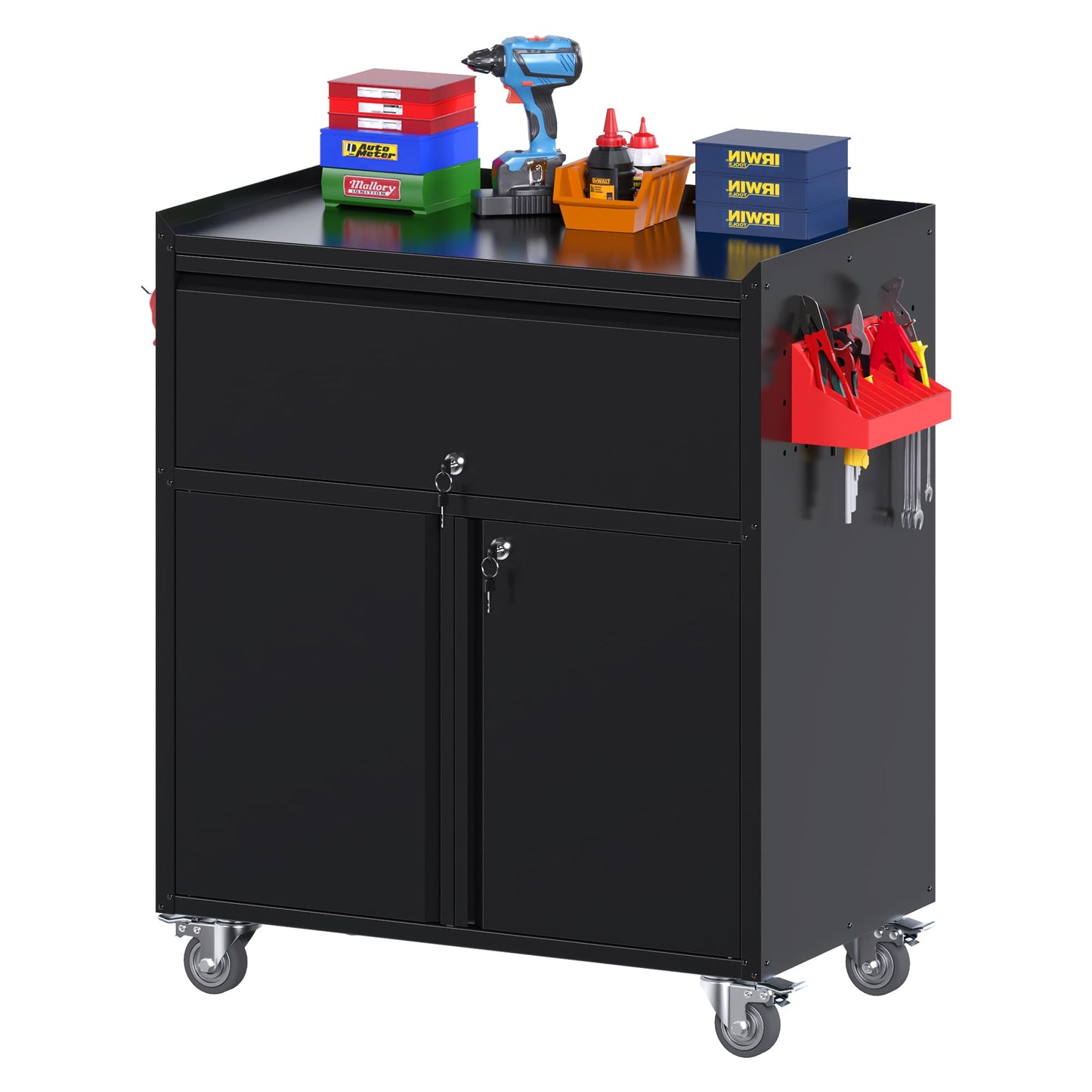 Reemoon 35" H Metal Garage Storage Cabinet on Wheels,1Drawer Tool Storage Cabinet with Pegboard and 4 Hooks for Garage, Home, Office,Assembly Required,Black