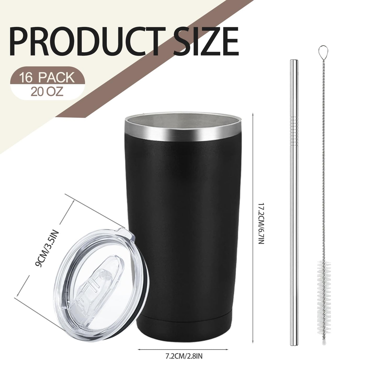 YOUKE OLA 16 Pack Stainless Steel Tumbler Bulk Insulated Vacuum Travel Mug Powder Coated Coffee Mug Gift for Laser Engrave, 20oz Black