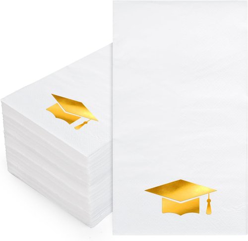 FYSUIMU Graduation Cap Napkins - 50 Pcs Gold Foil Tassel Design for College Party & Dinner