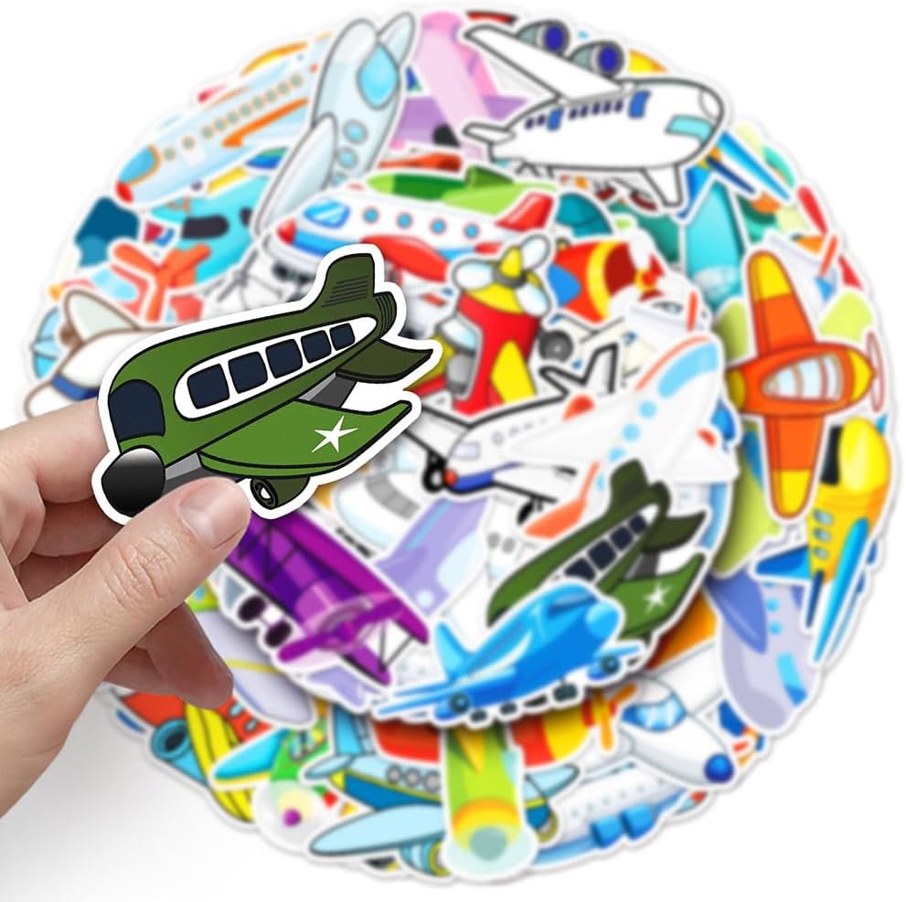Mekycro Pack 50 Set Airplane Stickers PCS, Cute Cartoon Waterproof Vinyl Die-Cut Aircraft Sticker for Water Bottles