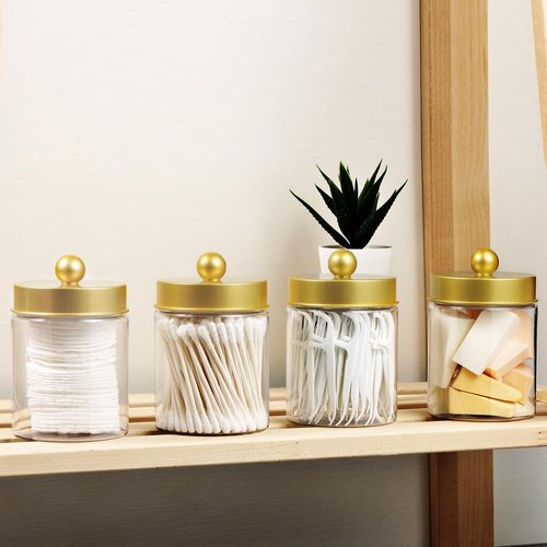 Amolliar Qtip Holder Dispenser - 8 oz Plastic Apothecary Jar for Vanity Makeup Storage - Gold Bathroom Canister Set