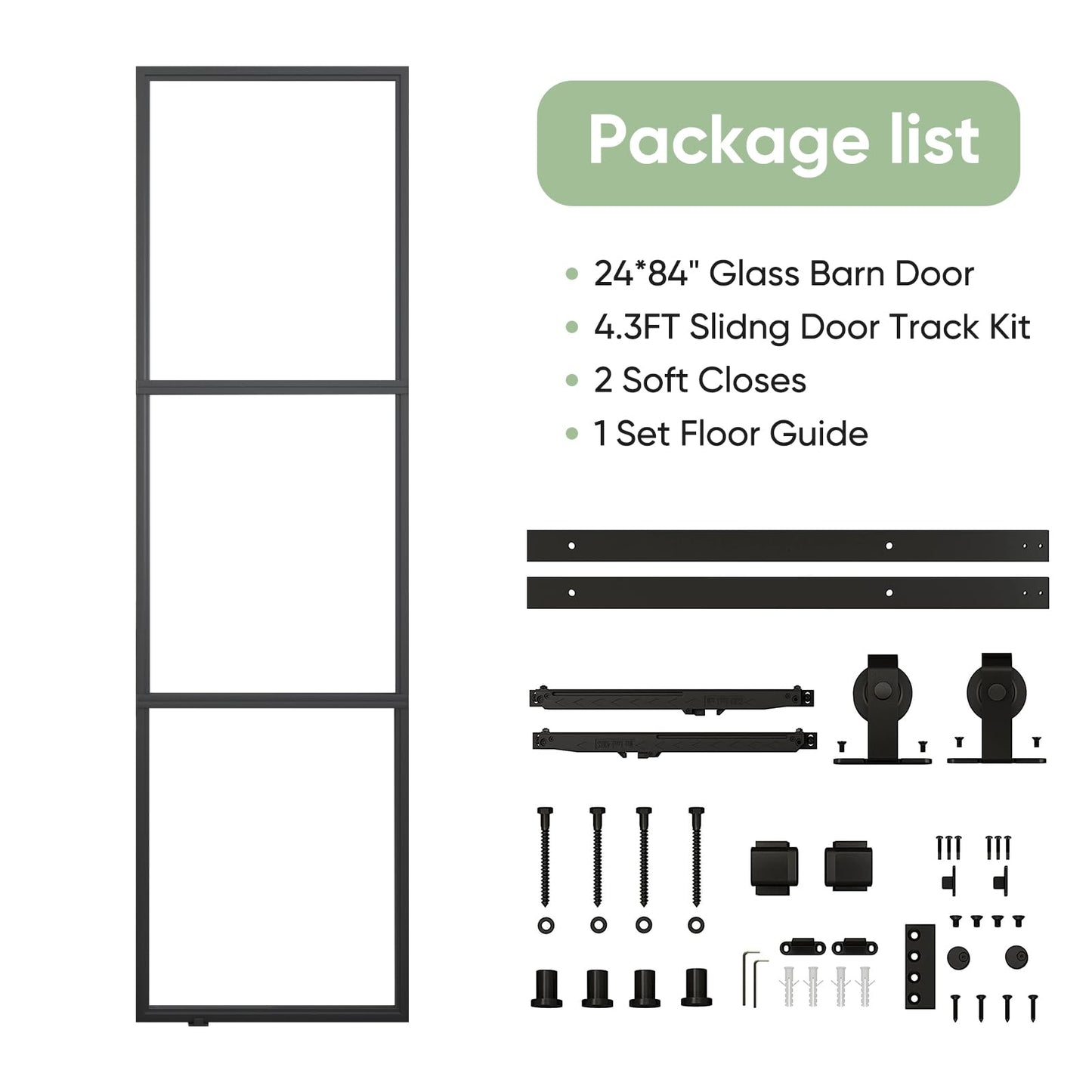 BARNSMITH 24in x 84in Frosted Glass Barn Door with 4.3FT Top Mounted Hardware kit Include Soft Close Mechanism Black Carbon Steel Tempered Frosted Glass Sliding Door, Easy Assembly