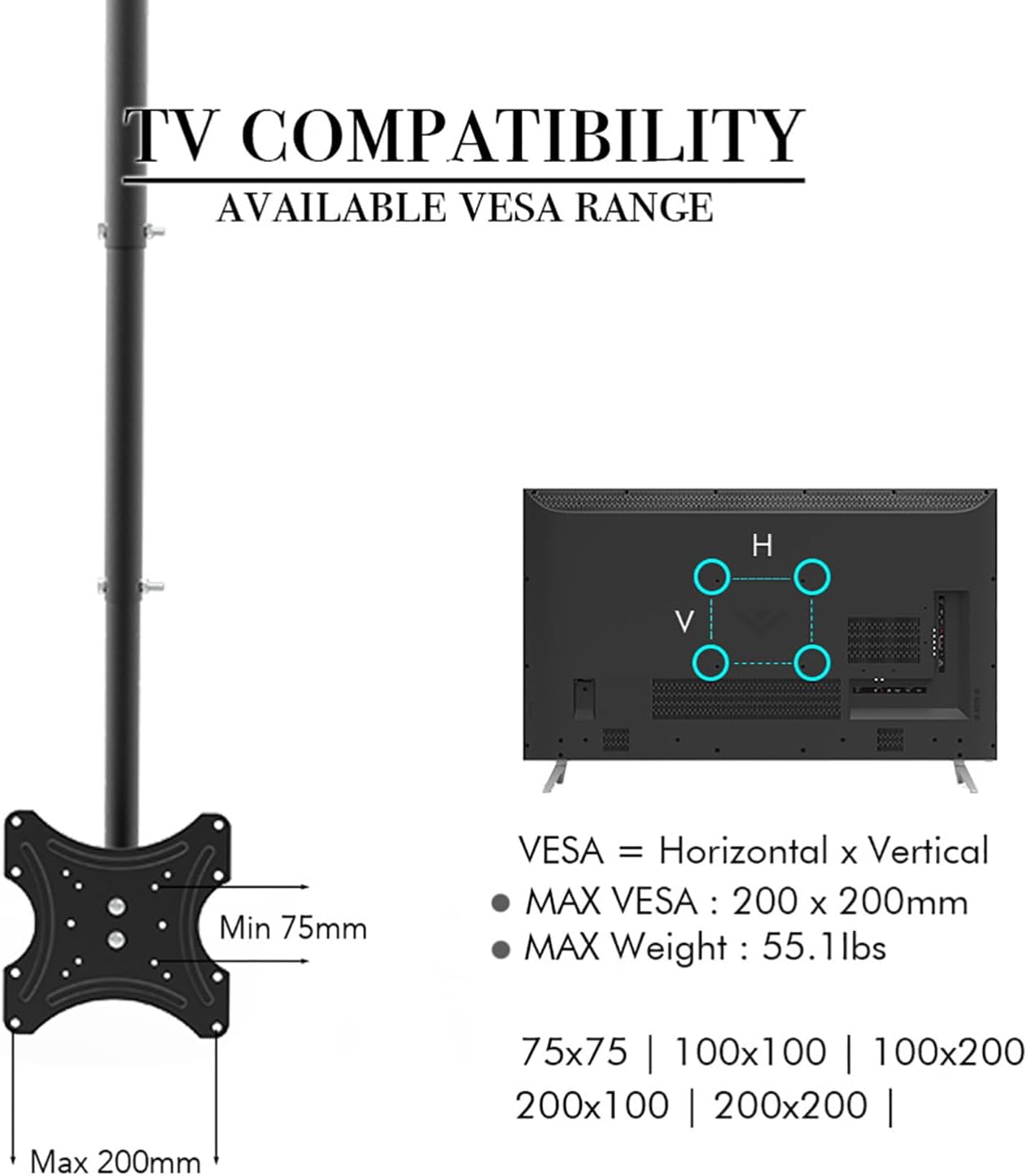 BIVVI 32-55 Inch 55Lbs,Max 200X200mm,Black Ceiling TV Mount Fits Most LED, LCD OLED Flat Screen TVs,Universal Wall