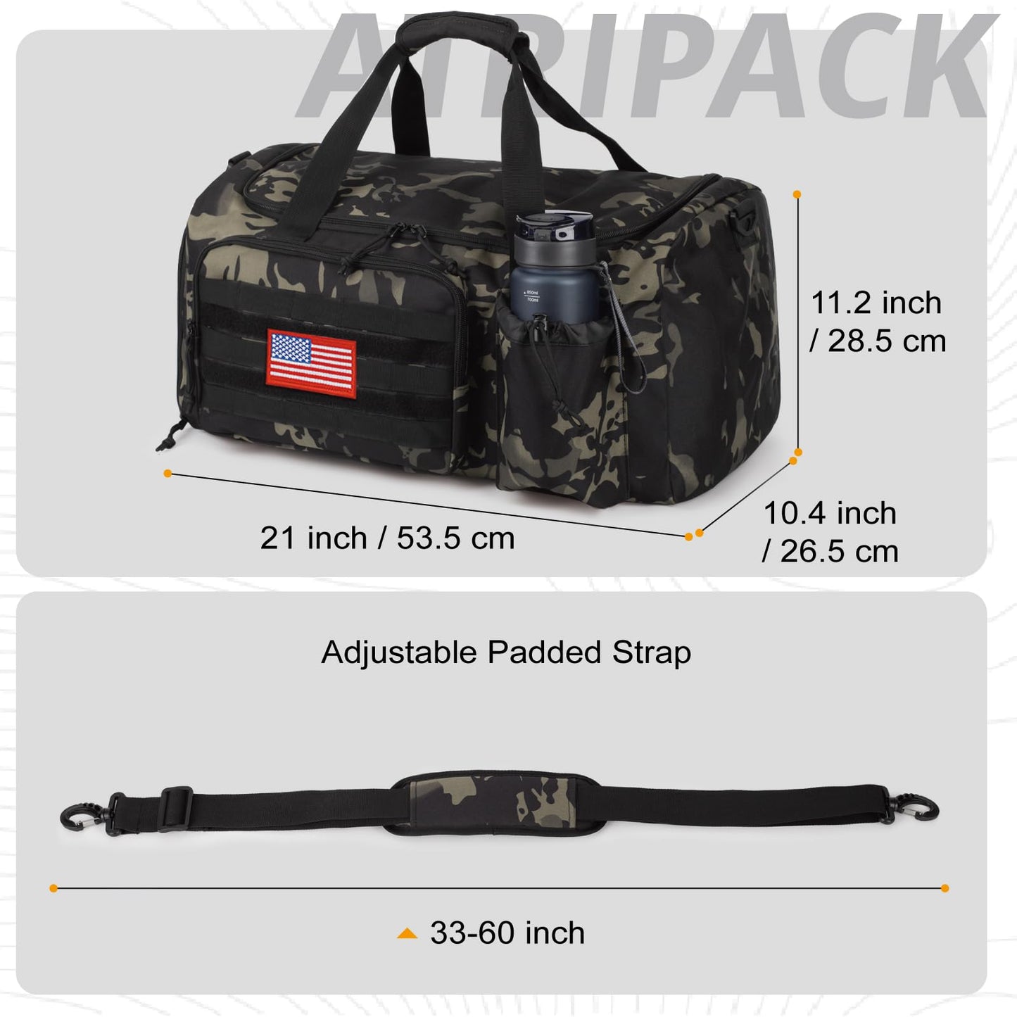 Tactical Gym Bag for Men, 40L Large Capacity Duffle Bags with Shoes Compartment, Sports Bag with wet compartment, Multi-functional Weekend Bags Suitable for Travel, Camping,hiking